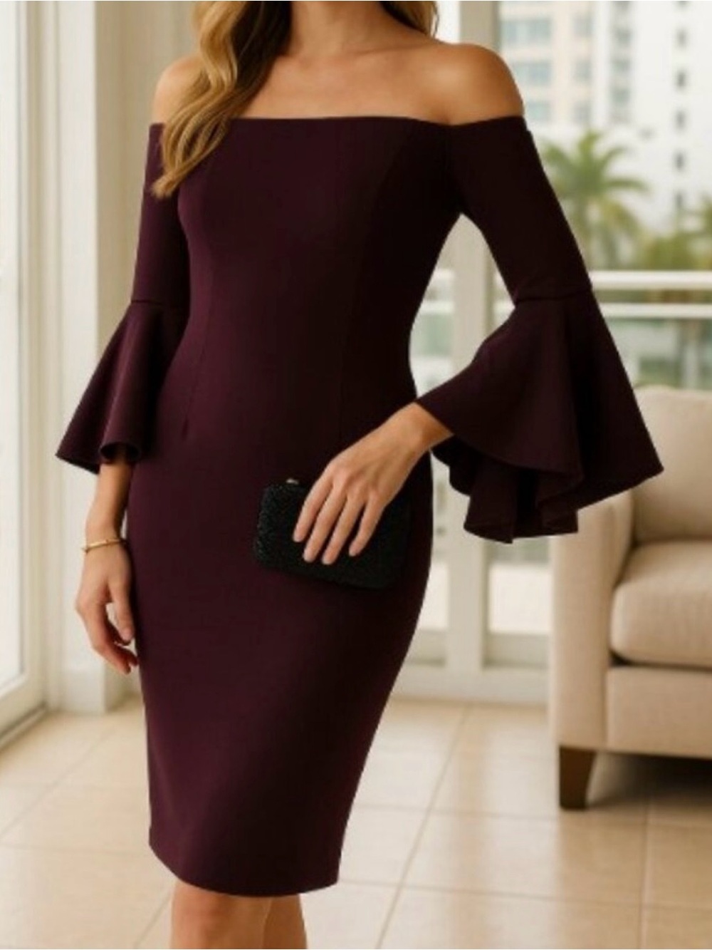 Calvin Klein Off-Shoulder Ruffle Sleeve Dress in Plum